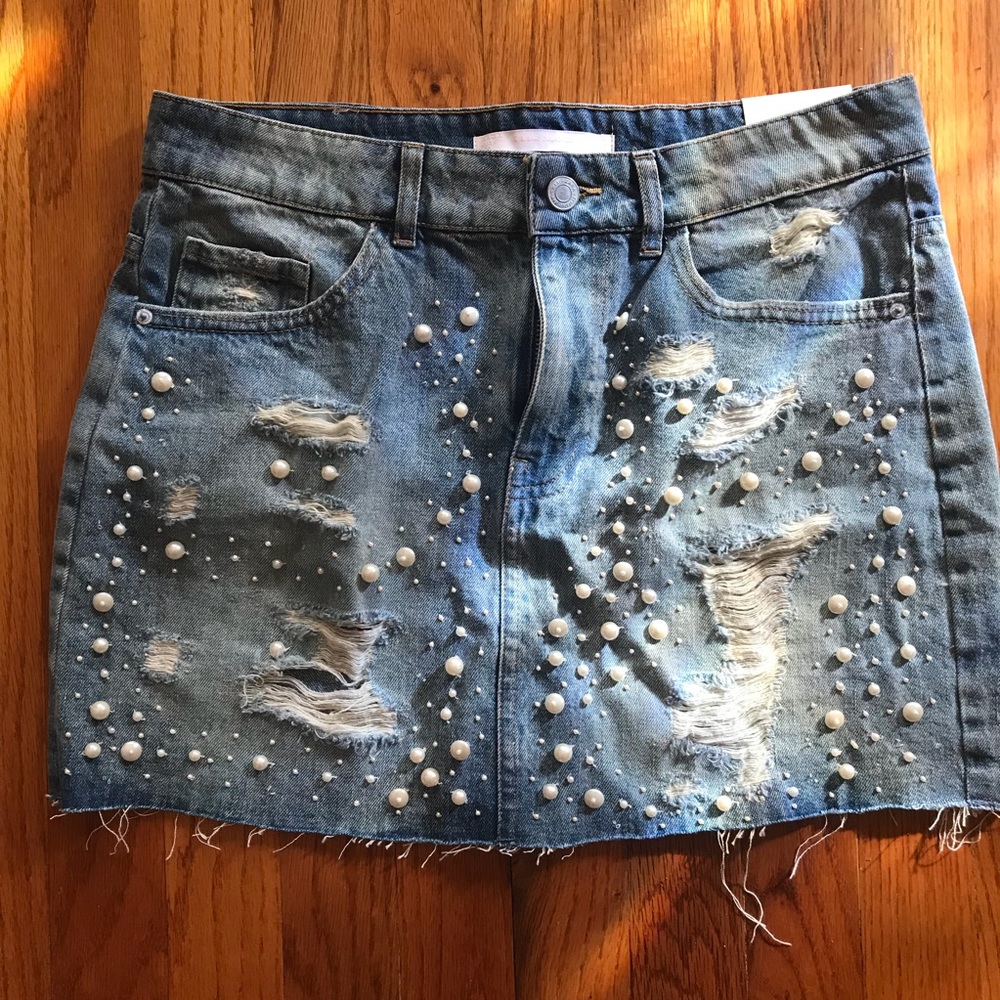Zara light wash destructed and pearl mini skirt